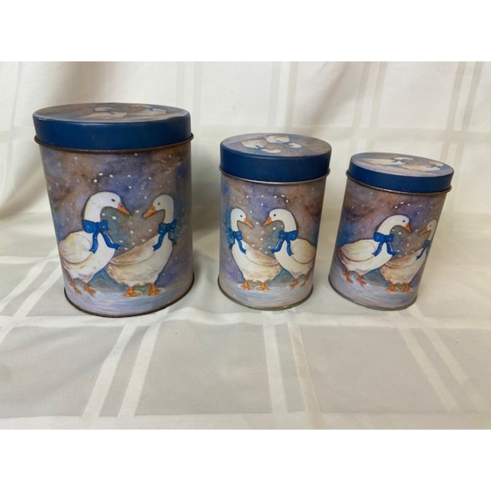 Vintage Goose Nesting Tins Set of 3 Blue Bow Country Kitchen Decor Canisters